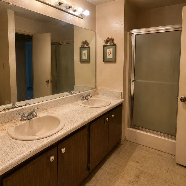 Before photo of Fremont bathroom remodel showing original double-sink vanity, aging wood cabinets, l
