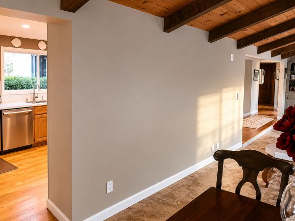 Before remodel interior hallway and dining area with exposed wood beam ceilings, tile floors, and a