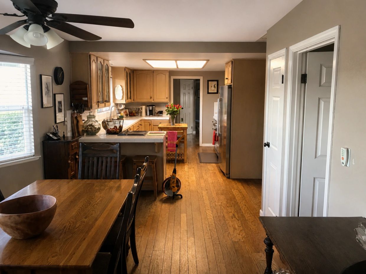 Before kitchen remodel with original oak cabinetry, hardwood floors, peninsula countertop seating, a