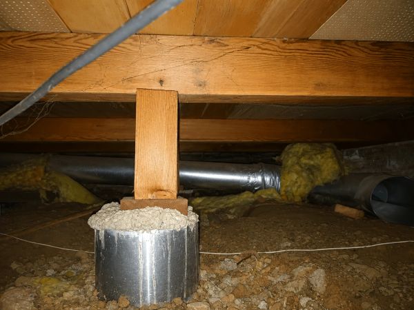 Crawlspace construction and structural support system featuring foundation pier, wood beam framing,