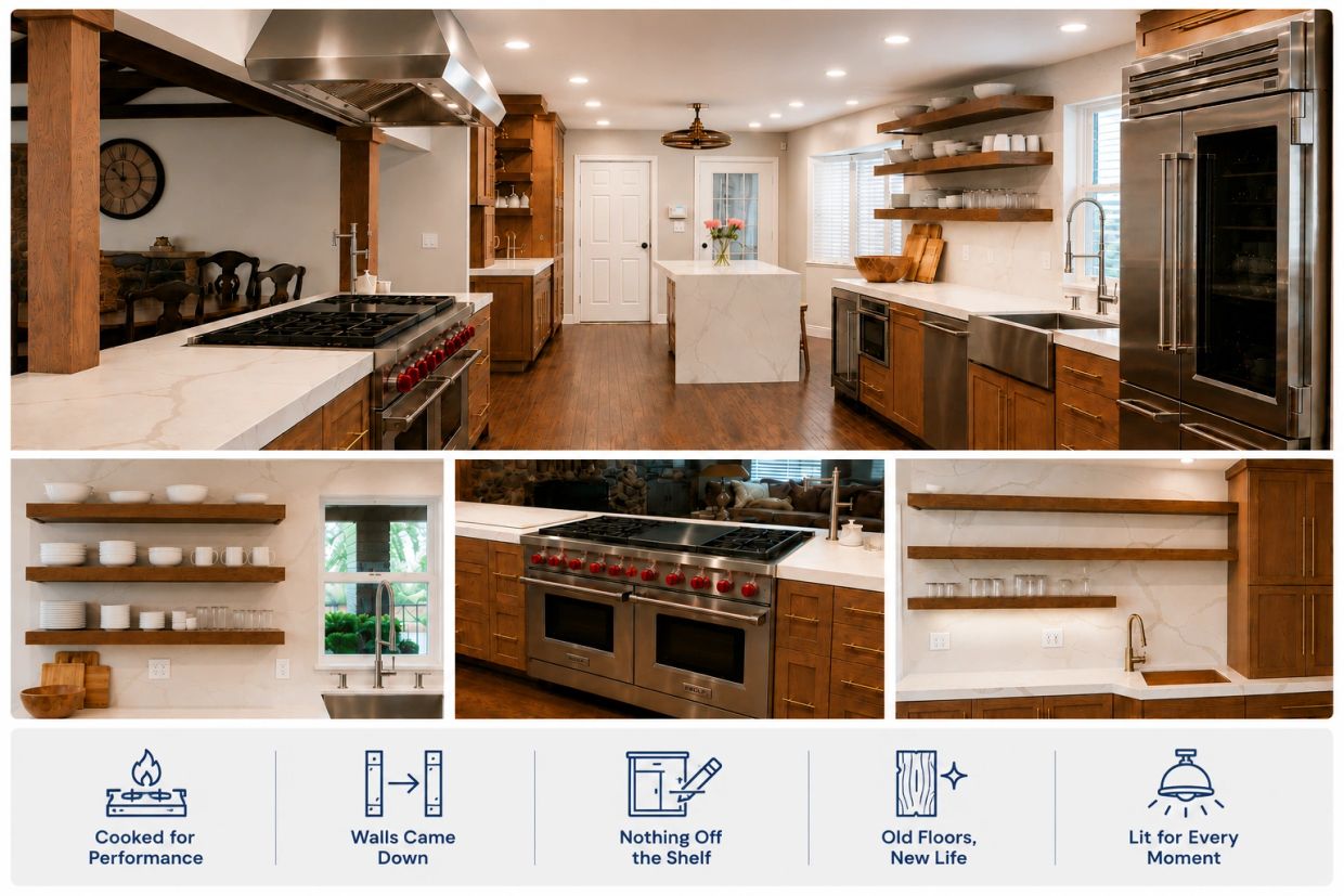 Kitchen remodel project featuring custom wood cabinetry, commercial Wolf range with red knobs, float