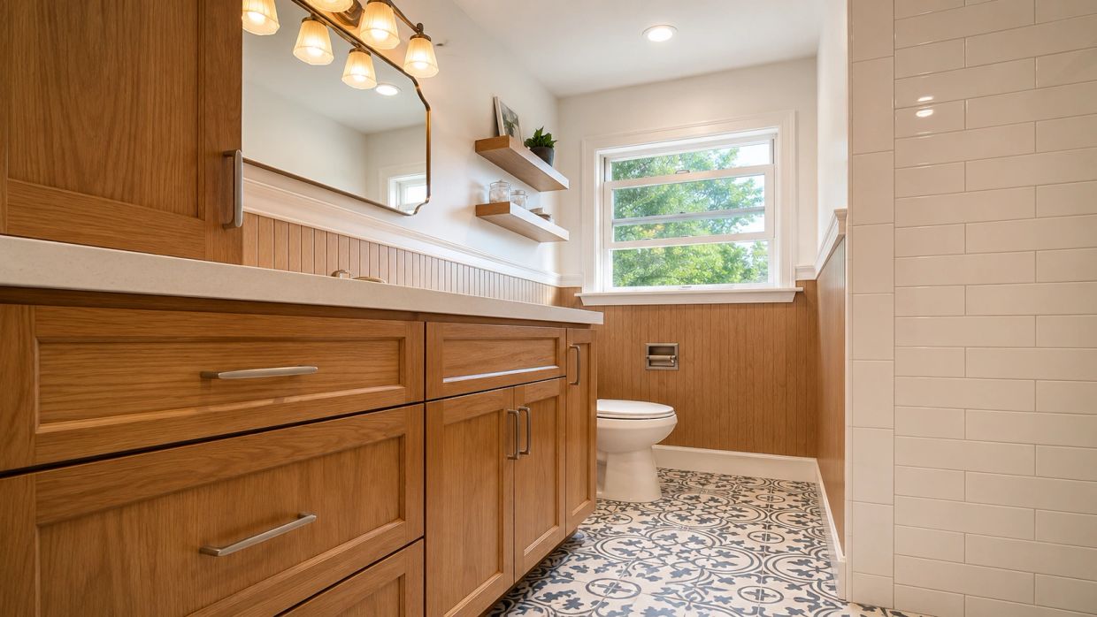 Finished Newman bathroom remodel with wood vanity, patterned tile floor, subway tile shower wall, an