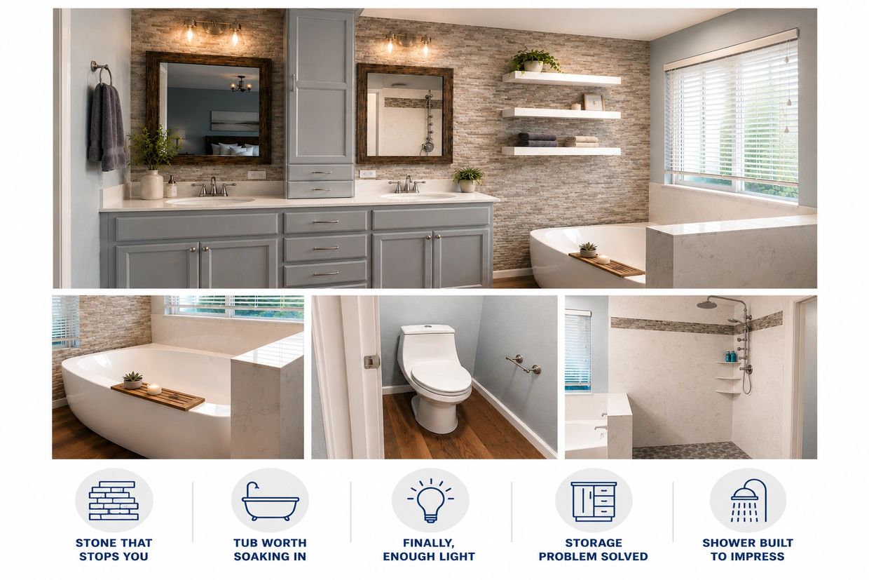 Finished primary bathroom remodel collage featuring a custom gray double vanity, Silver Ash stone le