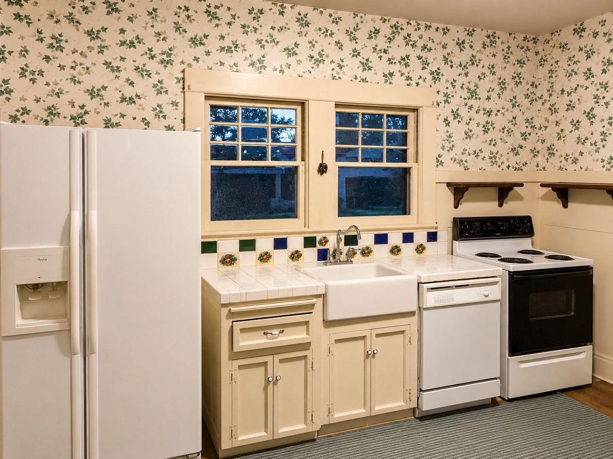 Original kitchen before renovation with floral wallpaper, laminate countertops, older cabinets, whit
