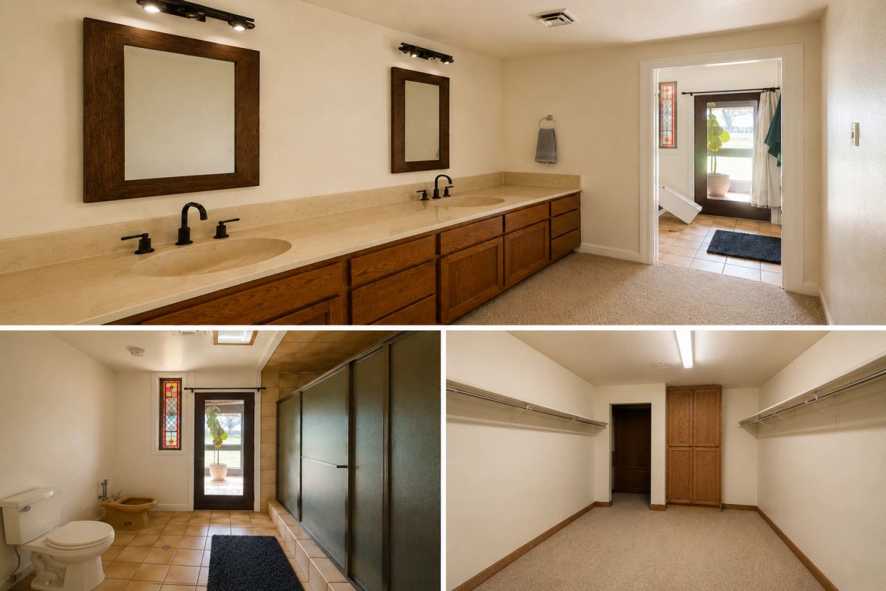 A long double-sink vanity with wood cabinetry, adjoining shower room with tiled shower and stained-g