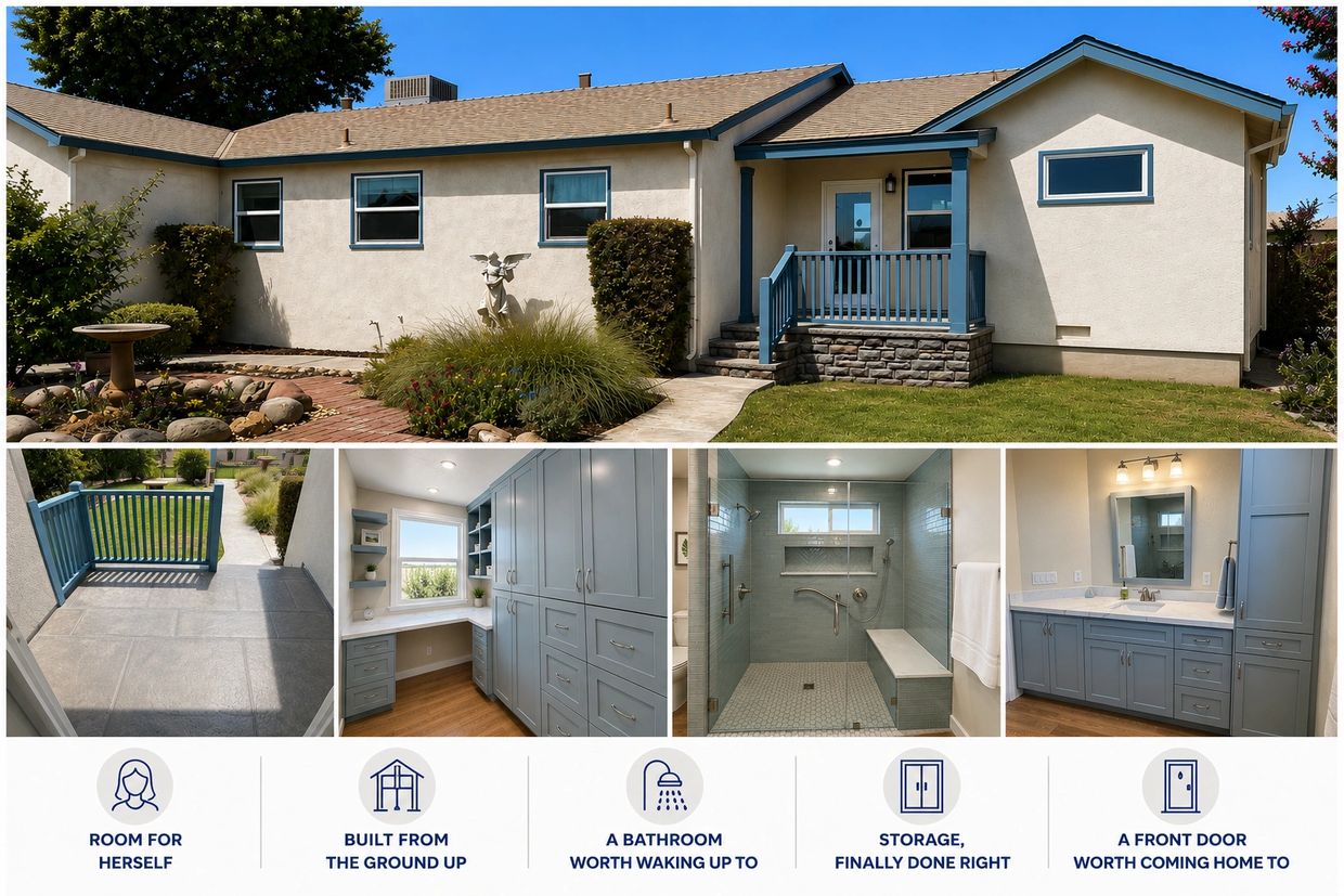 Newman CA home addition by Cordeiro Custom Remodeling — stacked stone entry, crafts room built-ins,