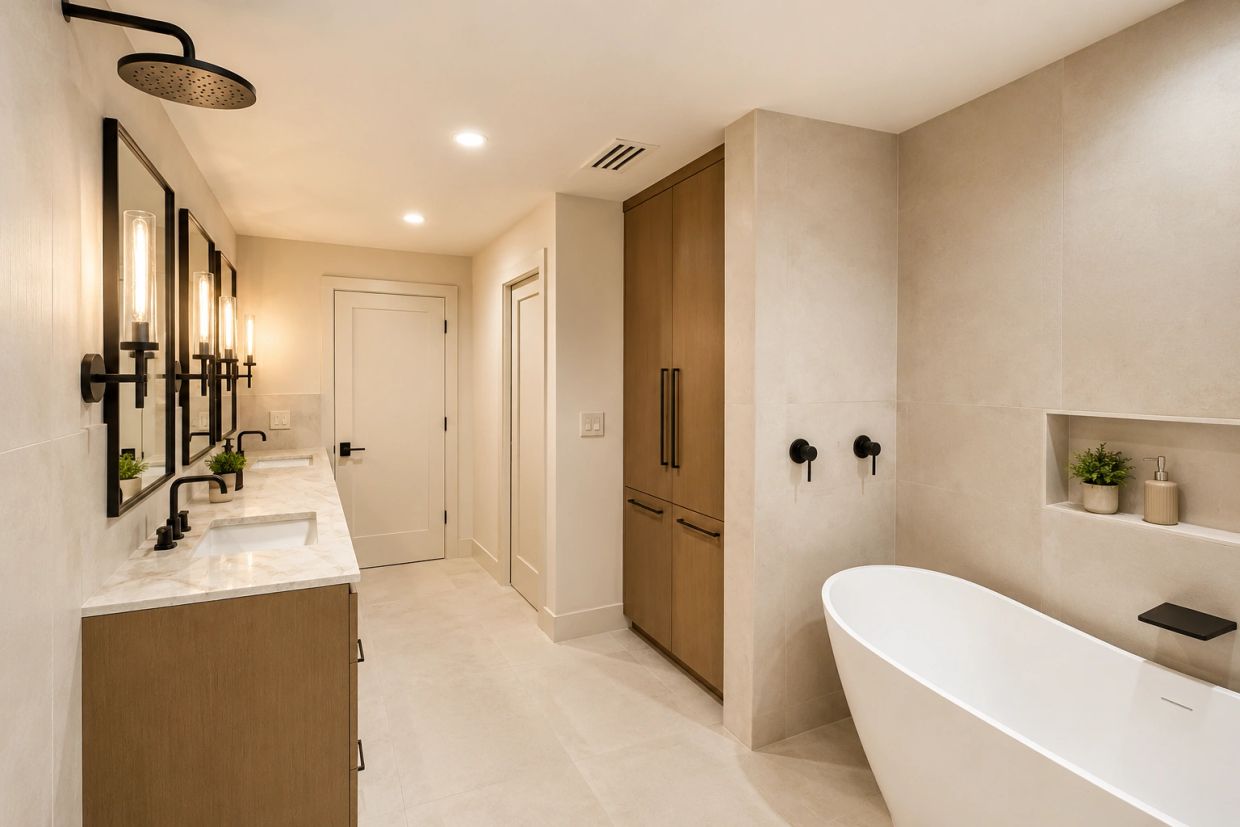 Completed primary bathroom remodel featuring a freestanding soaking tub, custom white oak vanity, qu
