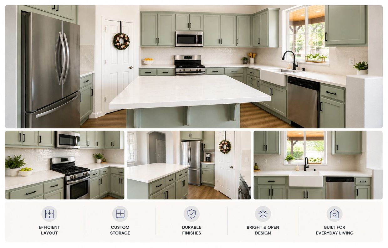 Finished kitchen remodel with sage green cabinets, quartz island, farmhouse sink, and stainless appl