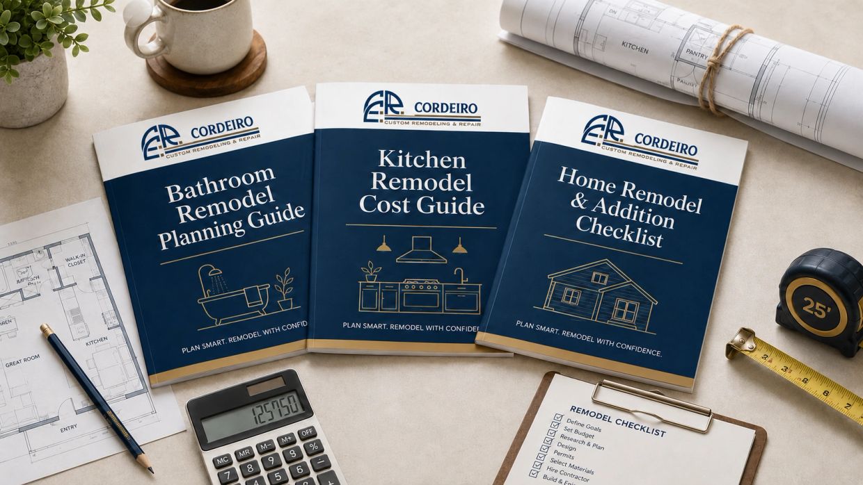 Three Cordeiro Custom Remodeling & Repair guide covers on a tabletop with blueprints, a pencil, calc