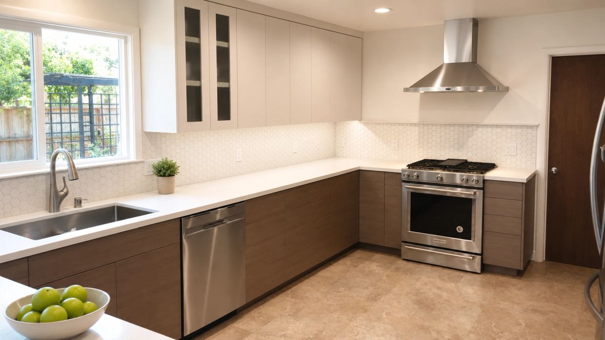 Remodeled kitchen with two-tone cabinets, white quartz countertops, hexagon tile backsplash, and sta