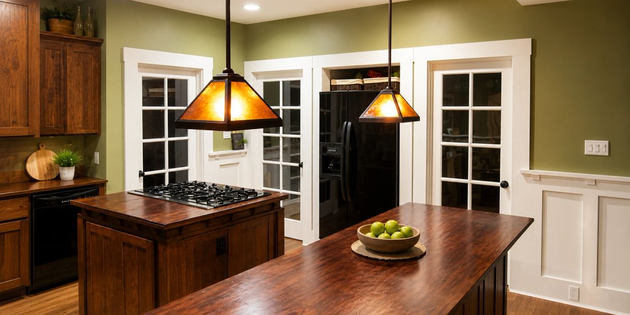Mario Cordeiro’s first home kitchen remodel with custom wood counters, pendant lighting, white trim,