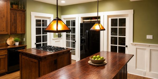 Mario Cordeiro’s first home kitchen remodel with custom wood counters, pendant lighting, white trim,