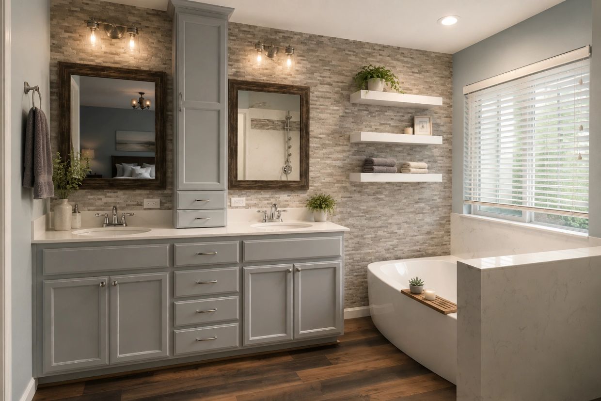 Custom bathroom remodel with gray double vanity, stone accent wall, floating shelves, freestanding t