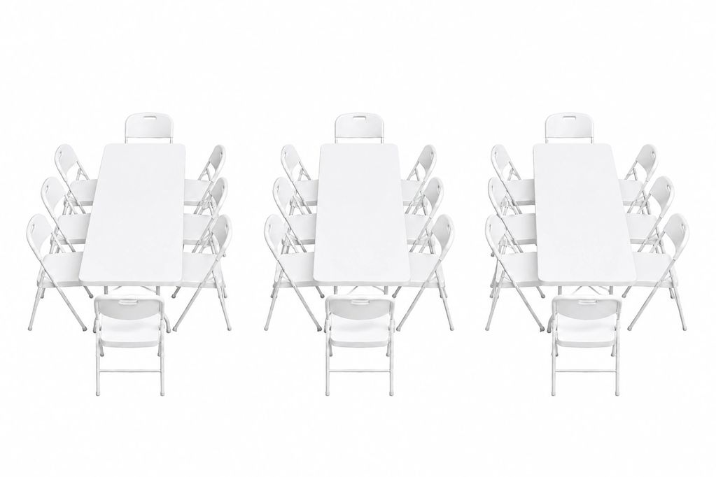 Package #3 @ $59.99
Includes:
3 x Rectangular Table
24 x Chairs
------------------------------------