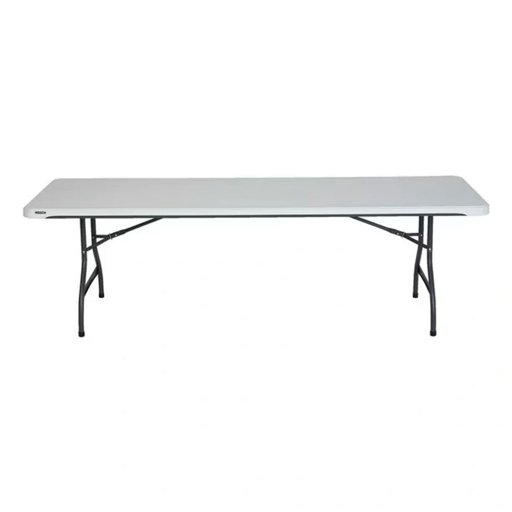 A rectangular folding table with a white top and black metal legs.