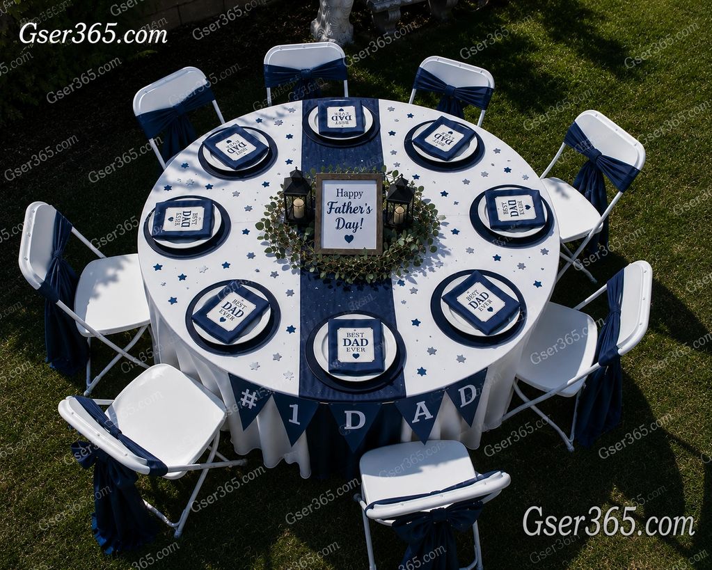 Father's Day Theme.
Basic Chairs Decorated with Navy Blue Sash.
Round Table decorated with a white t
