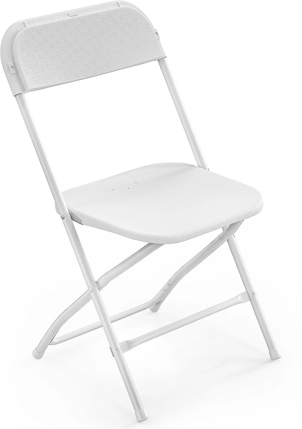 Simple white folding chair with metal frame and plastic seat.