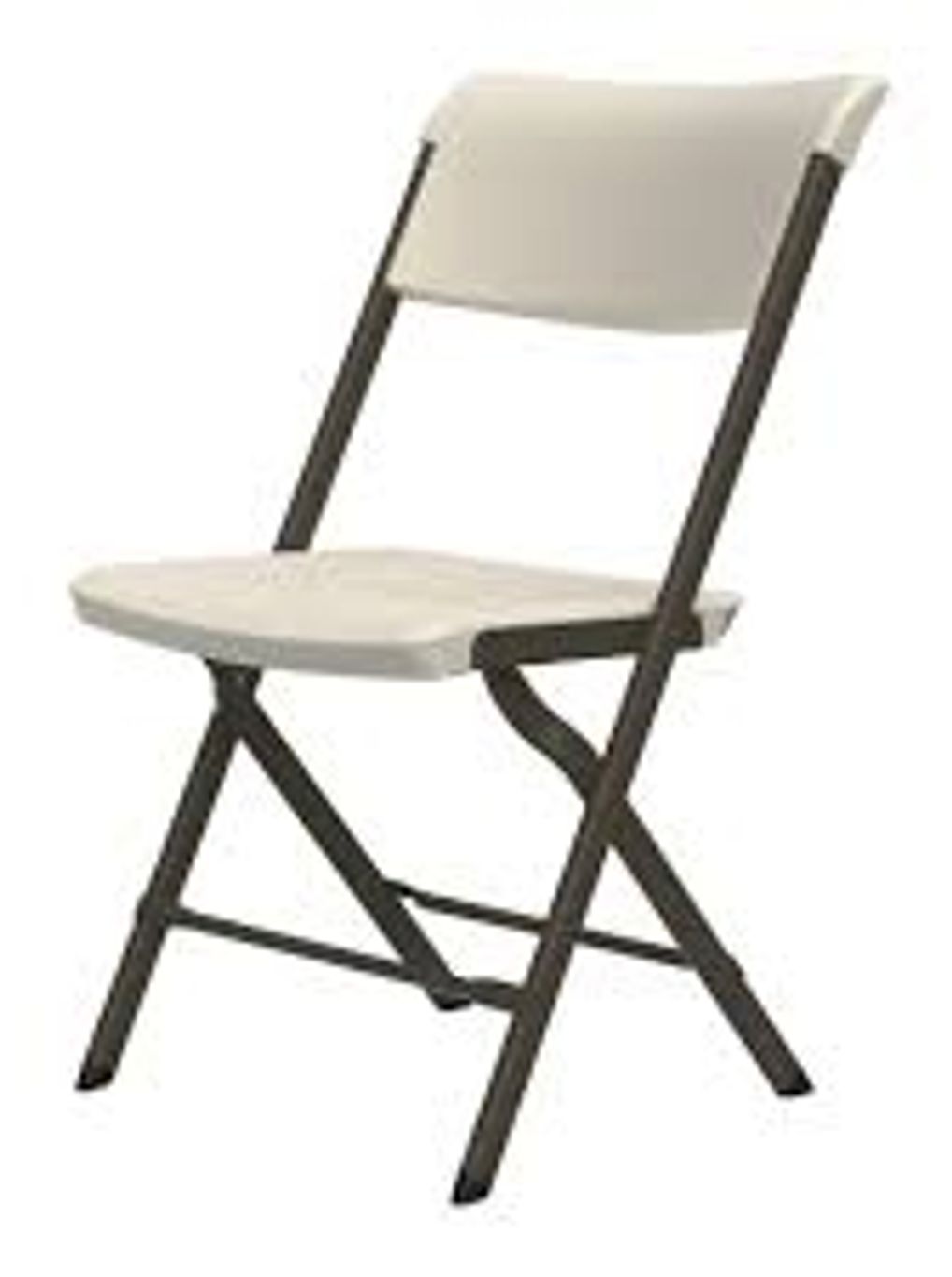 A beige folding chair with a metal frame.