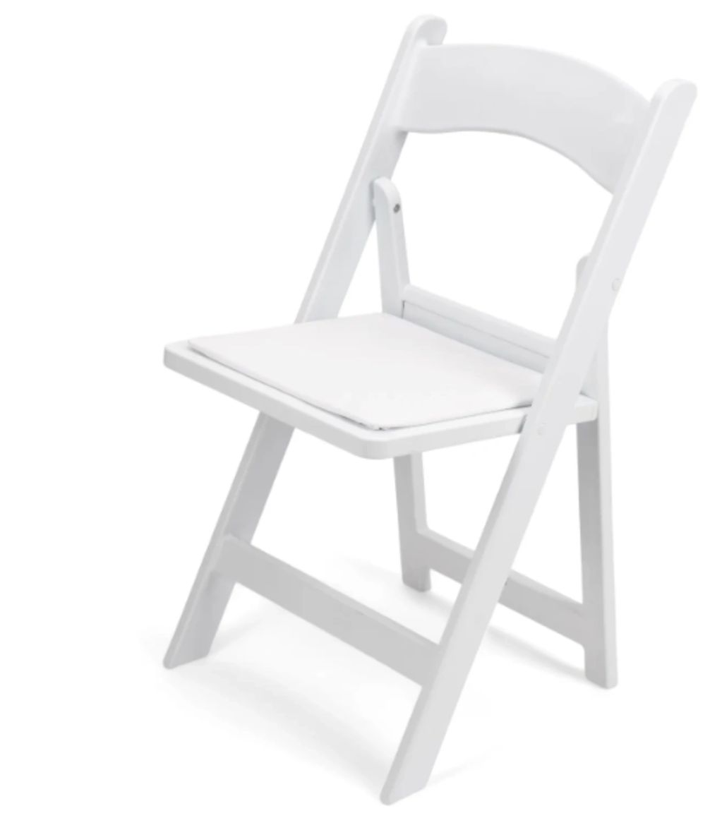 White folding chair with a cushioned seat and curved backrest.