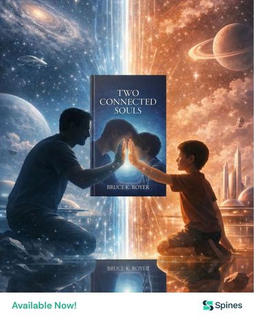 A cosmic connection between a man and a boy with a book titled Two Connected Souls.