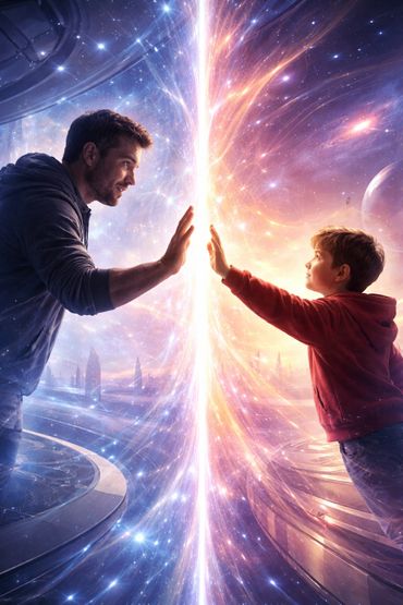 A man and a boy touch hands across a glowing cosmic divide.