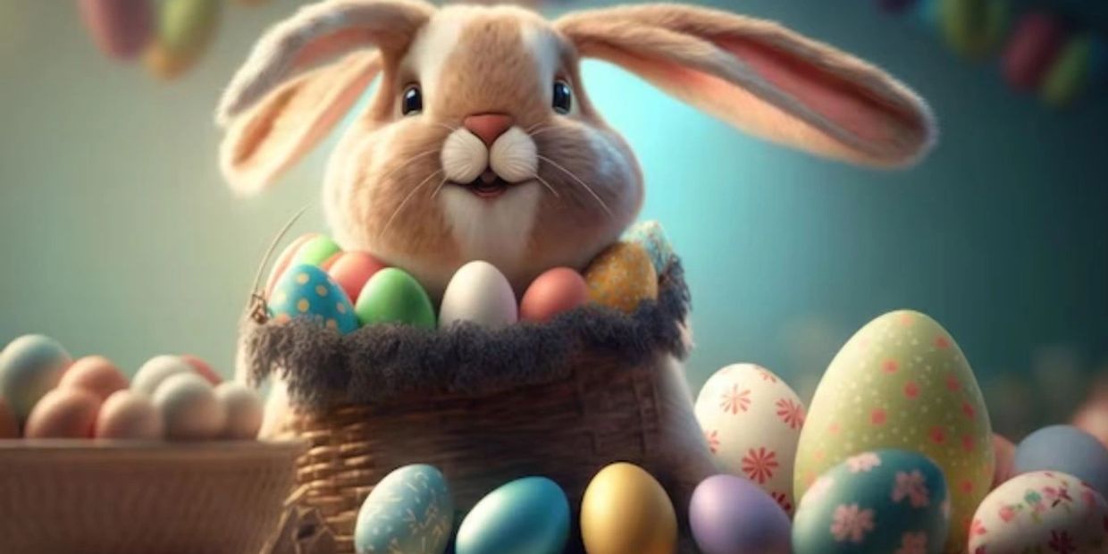 A cute bunny surrounded by colorful Easter eggs in a basket.