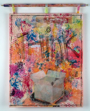 When I Think Outside the Box. Fiber Art. Paper cloth, paint, stamps, embroidery, image transfer.
