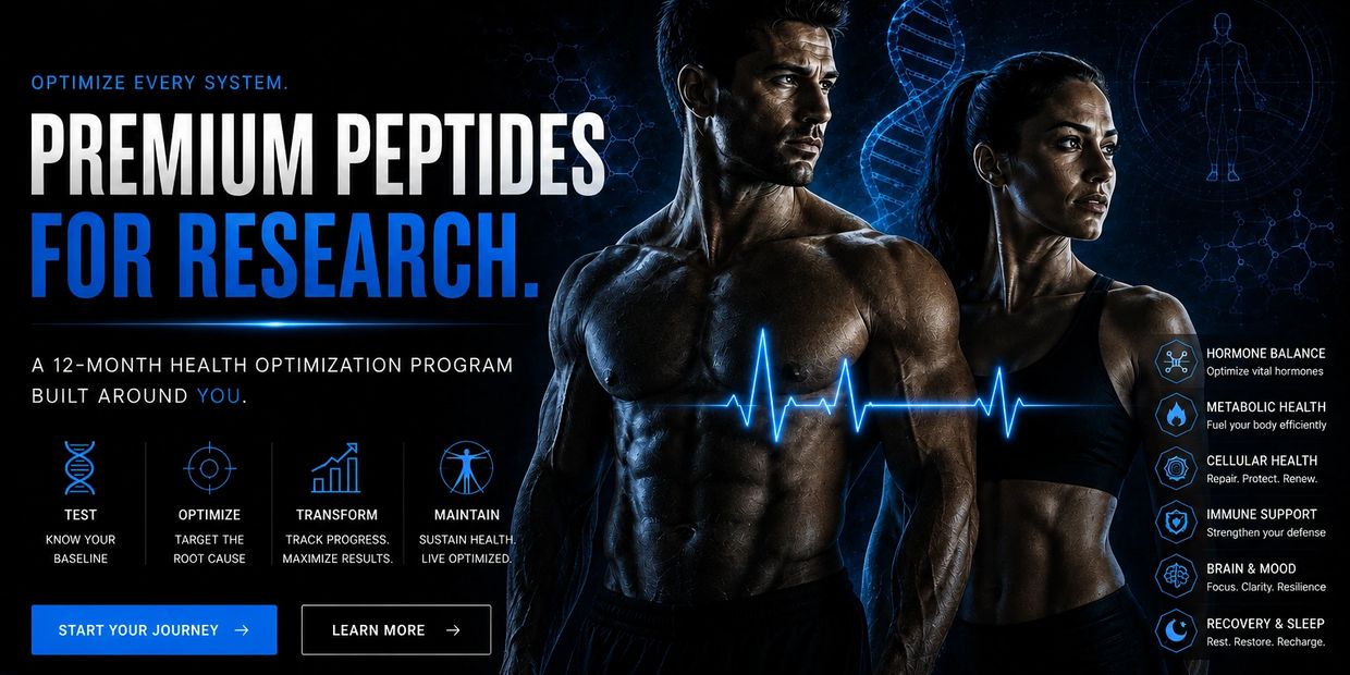 Muscular man and woman with health optimization program text.