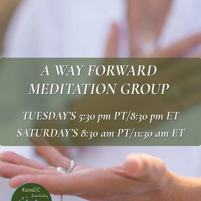 Meditation group meeting times noted over a calming image of hands.