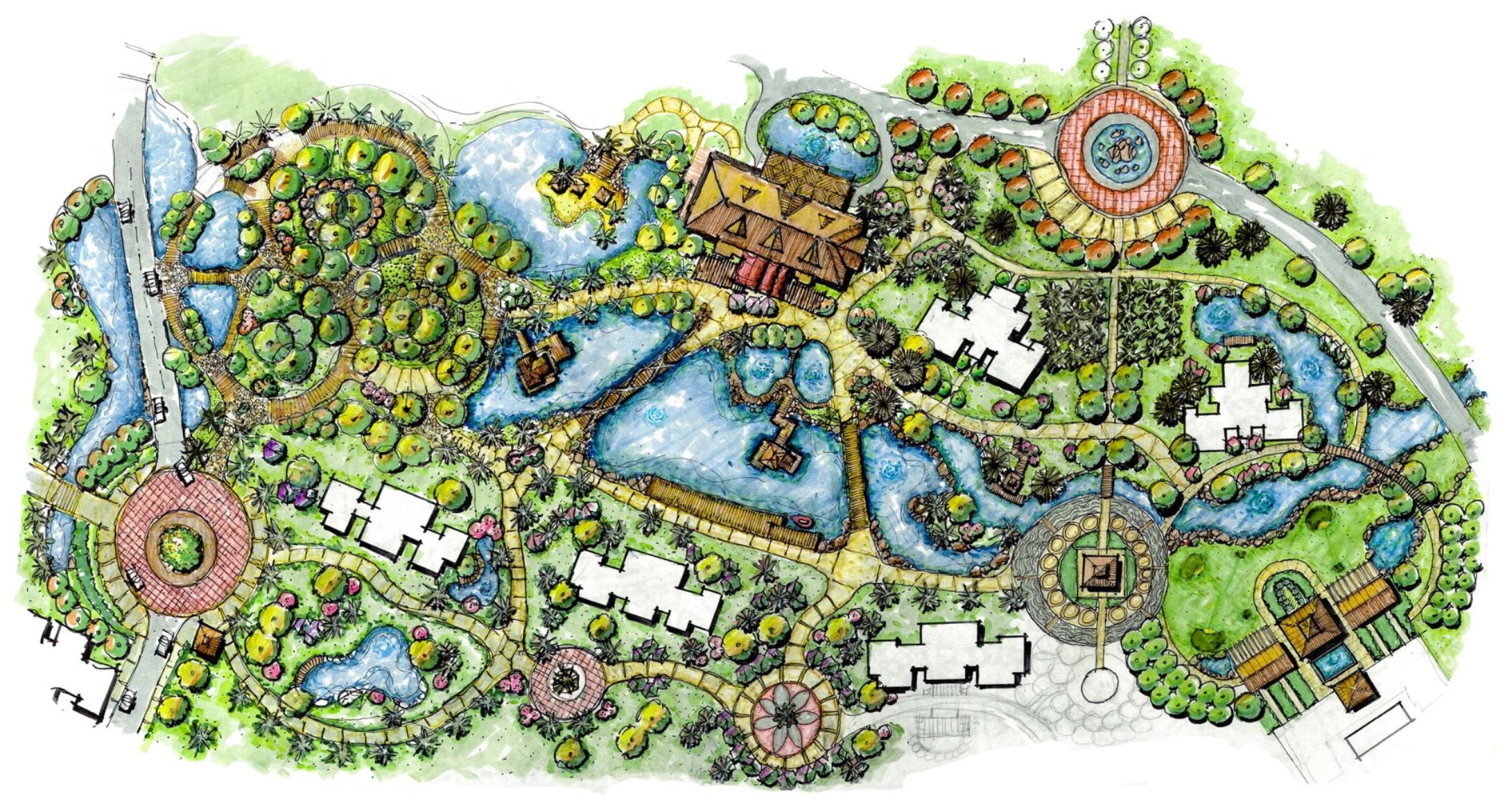 Colorful hand-drawn landscape architectural plan with buildings, water features, and greenery.