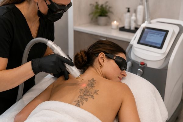 Laser tattoo removal treatment on a woman's back.