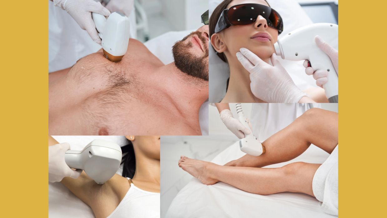 Laser hair removal treatment on various body parts.