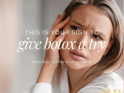 Sign encouraging trying botox with a concerned woman in the background.