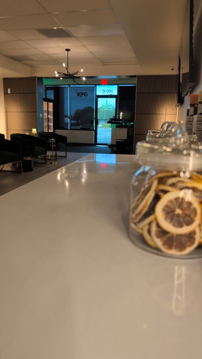 Modern cafe interior with dried citrus in jars on the counter.