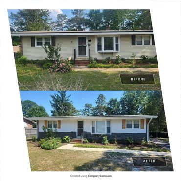Side-by-side before and after images of a renovated house exterior with updated siding and landscaping.
