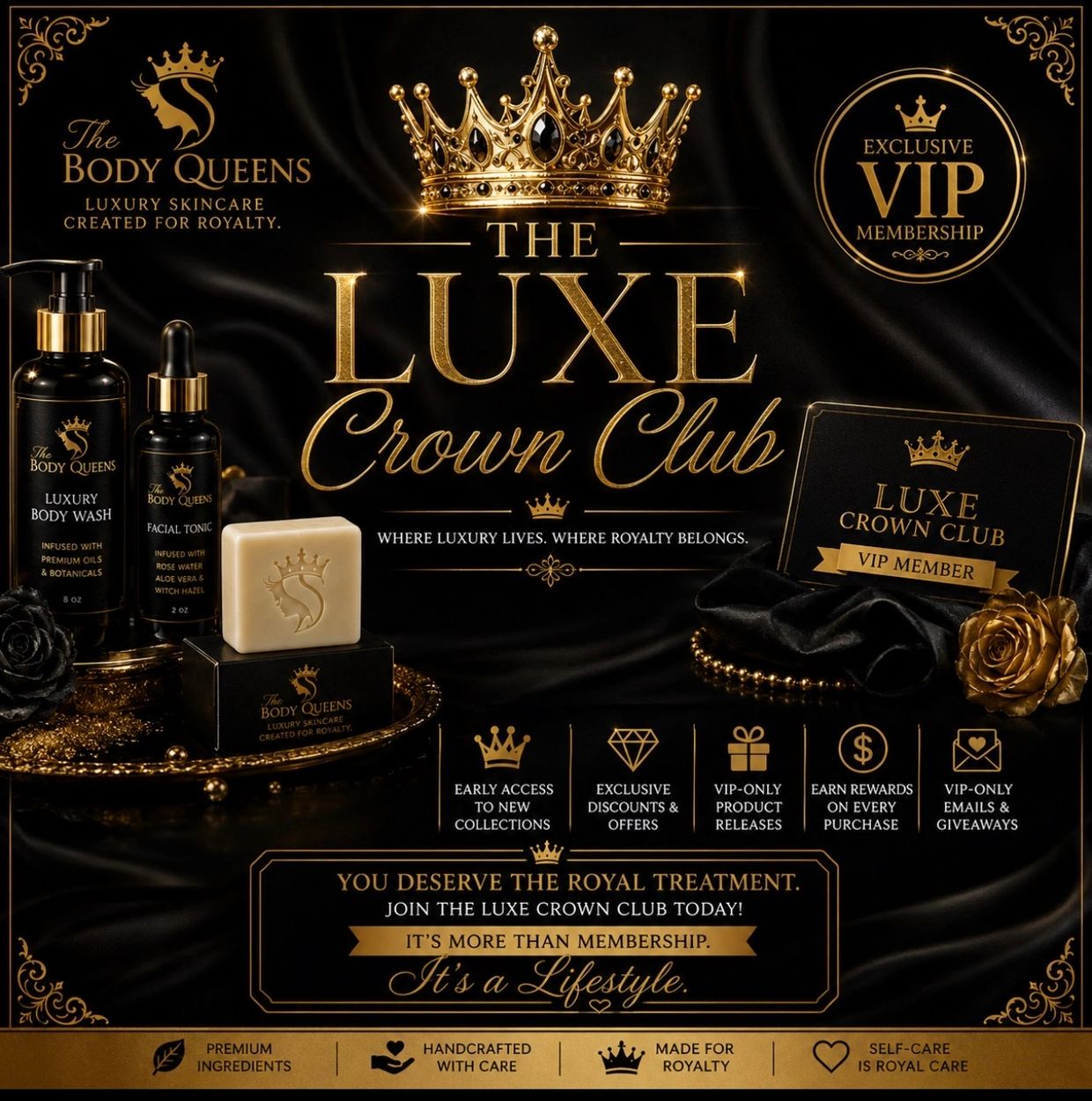 Luxury skincare VIP membership promotion with gold crown theme.