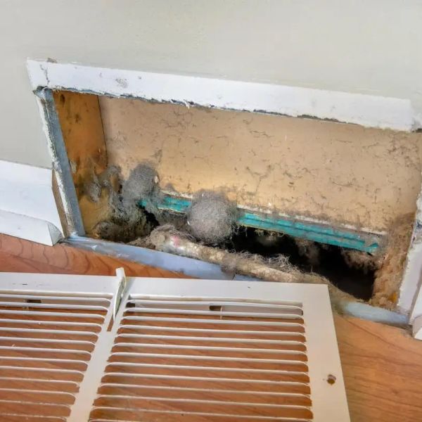 Dirty air vent with removed cover showing dust accumulation.