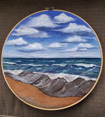 Breakwater Beach. Wool painting by Helen Russell. created following a tutorial by Laura Ricks