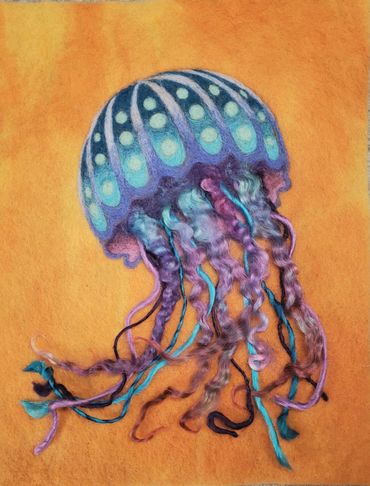 Cool Jellyfish in Hot Water. Wool painting by Helen Russell. created following a tutorial by Marie S