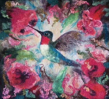 Hummingbird. Wool painting by Helen Russell. Created following a tutorial by Sarafinafiberart. $250