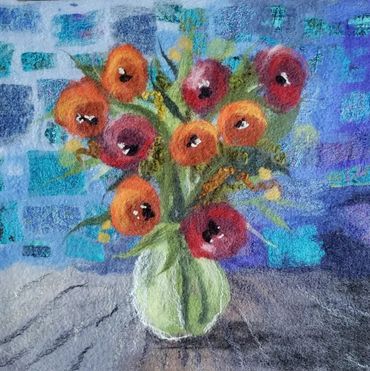 Poppies and blue sari silk sampler by Helen Russell. Based on a project from a Moy Mackay book.