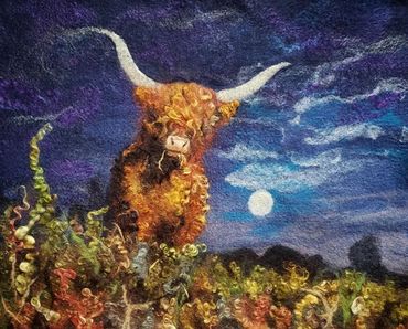Highland Cow by Moonlight by Helen Russell. Based on a photo by Fran Kennedy.