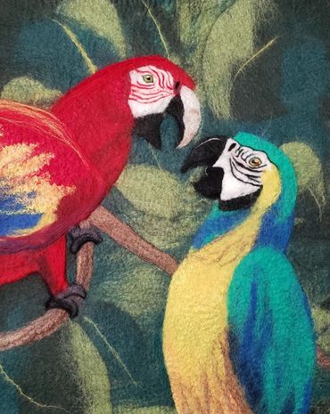 Beautiful Macaws. Wool painting by Helen Russell. Created following a tutorial by Sonja Weeks Oswalt