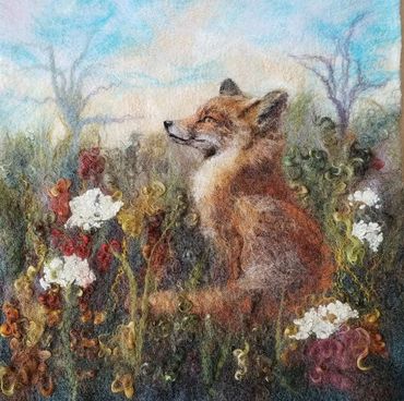 Fox in the Field. Wool Painting by Helen Russell. Created following a tutorial by Sarafinafiberart.