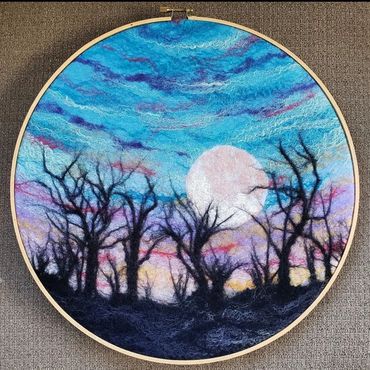 Pink Moon Silhouette. Wool painting by Helen Russell. created following a tutorial by Laura Ricks