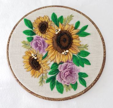 Sunflowers. SOLD Wool painting by Helen Russell. created using an outline from a coloring book!