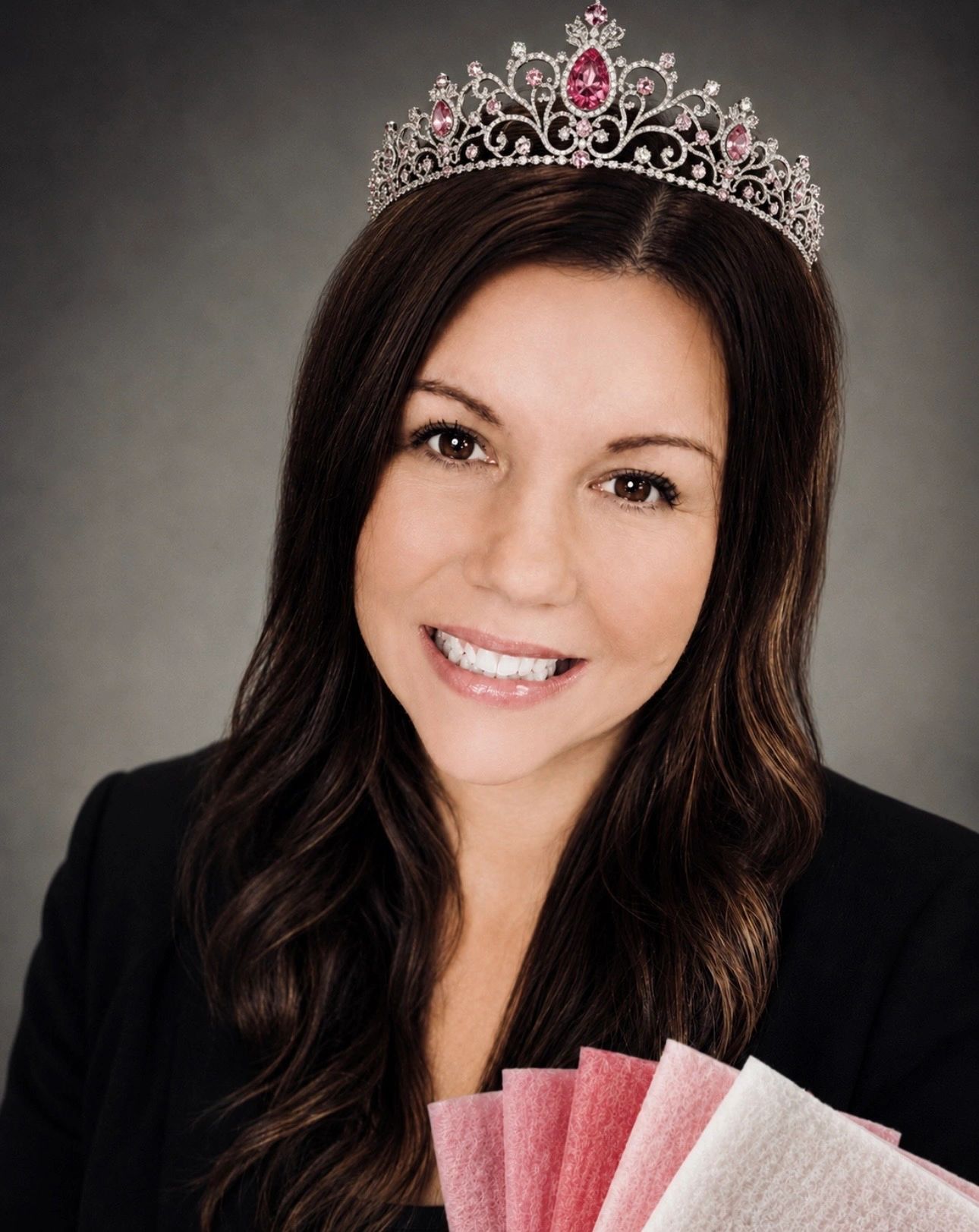 Smiling woman wearing jeweled tiara and holding wipes