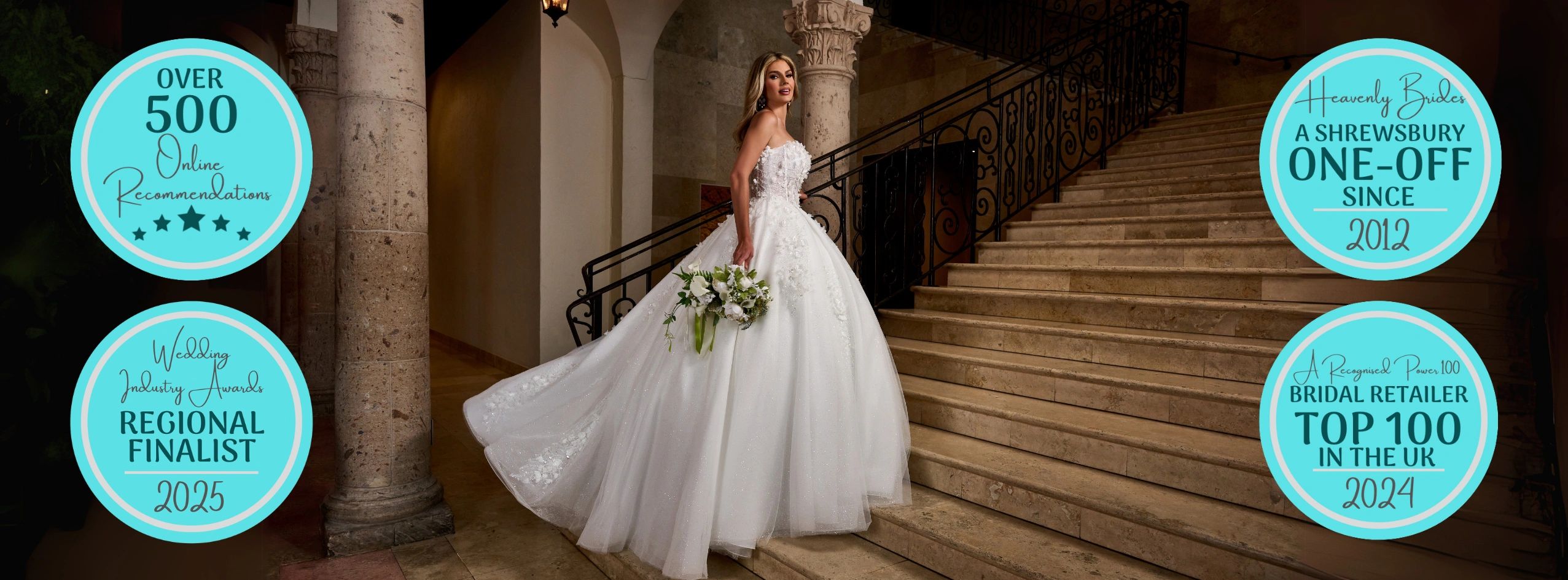 a bride wearing a ballgown wedding dress holding her bouquet running up the stairs
