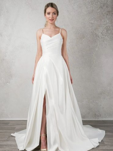 satin a line wedding dress with leg slit and pearl straps