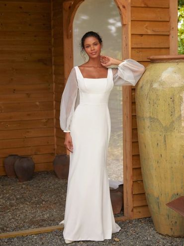 crepe ivory square neck sheath dress with organzza balloon sleeves